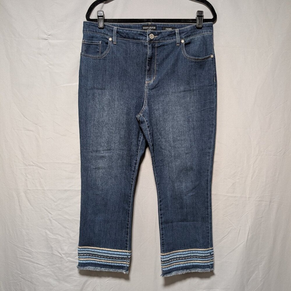 Susan Graver Crop Jeans Embroidered Raw Hem Boho Cotton Denim Size 16